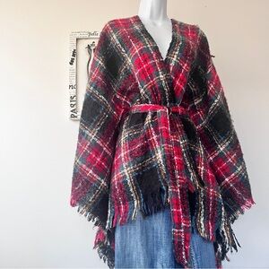 David And Young Western Tartan Plaid Fringe Boho Belted Poncho Size S-XL